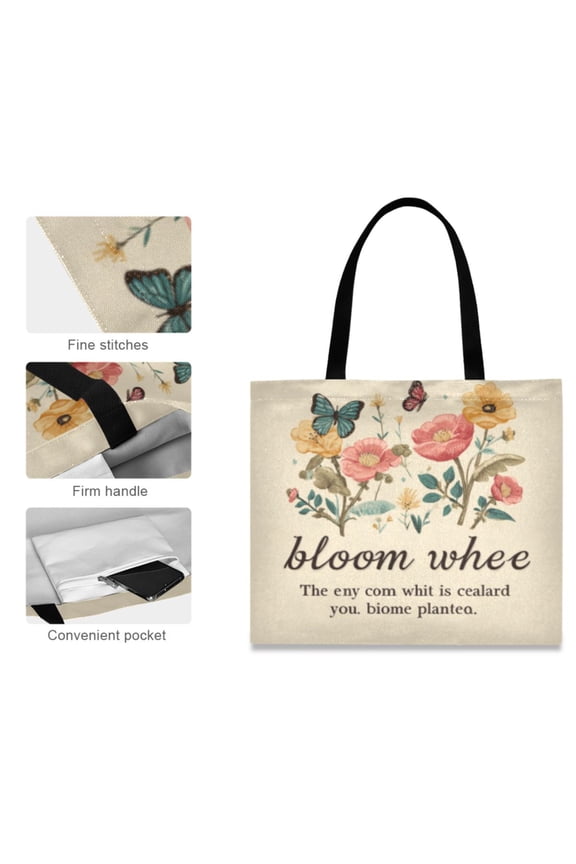 Canvas Tote Bag for Women Girls Design Print Butterfly bloom Totes