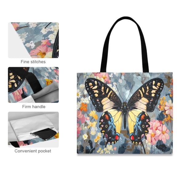 Canvas Tote Bag for Women Girls Design Print Butterfly on Floral Tote