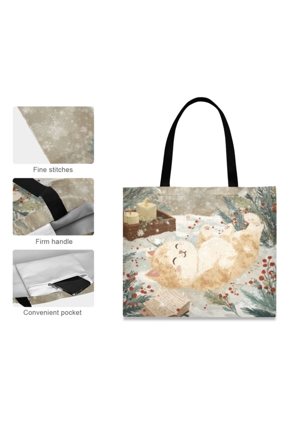 Canvas Tote Bag for Women Girls Design Print Cat Winter Candle Totes