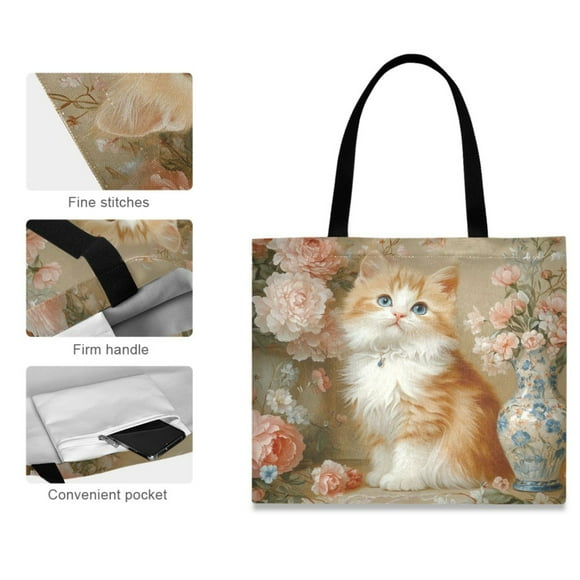 Canvas Tote Bag for Women Girls Design Print Charming Cat in Floral Wonderland Tote