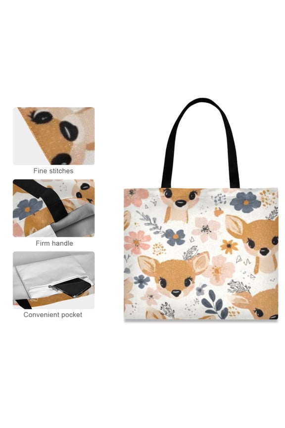 Canvas Tote Bag for Women Girls Design Print Cheerful Fawn Floral Pop Totes