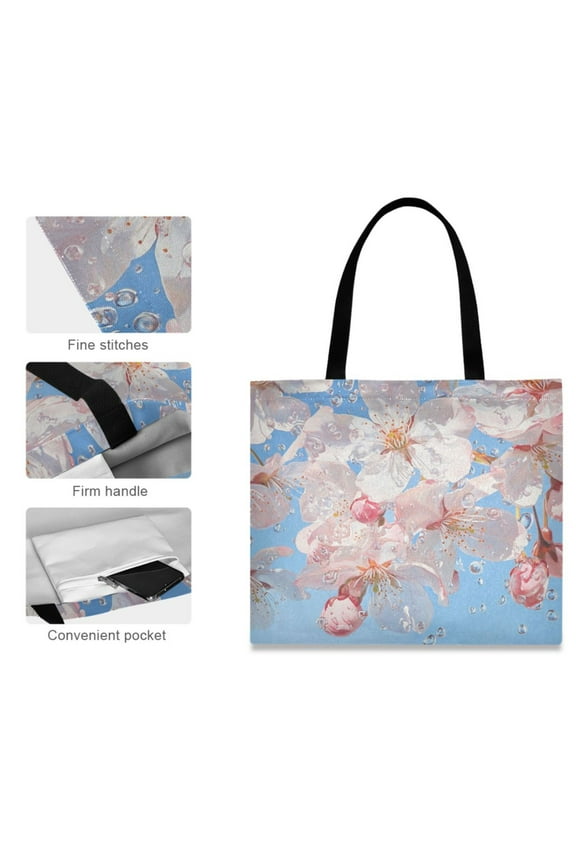 Canvas Tote Bag for Women Girls Design Print Cherry Blossoms Rain Tote