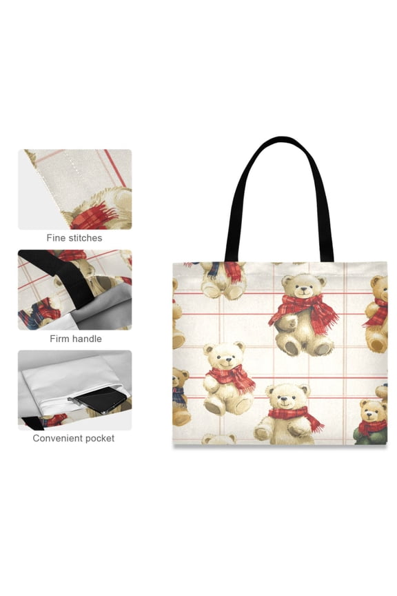 Canvas Tote Bag for Women Girls Design Print Comfy Bears on Checkered Canvas Tote