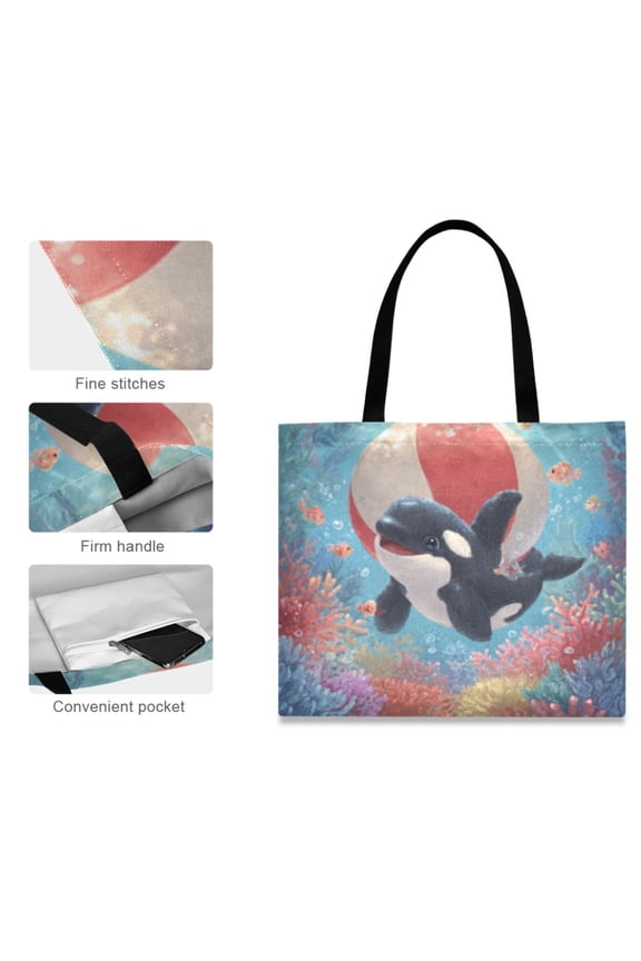 Canvas Tote Bag for Women Girls Design Print Coral Orca Fun Totes