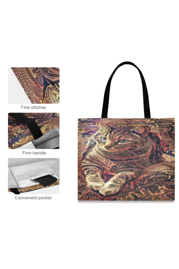 Canvas Tote Bag for Women Girls Design Print Cosmic Cat in Vibrant Patterns Totes