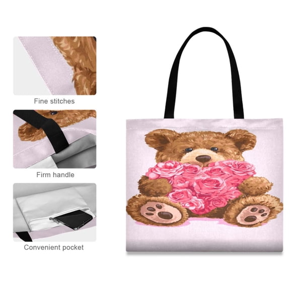 Canvas Tote Bag for Women Girls Design Print Cuddly Bear Rose Totes