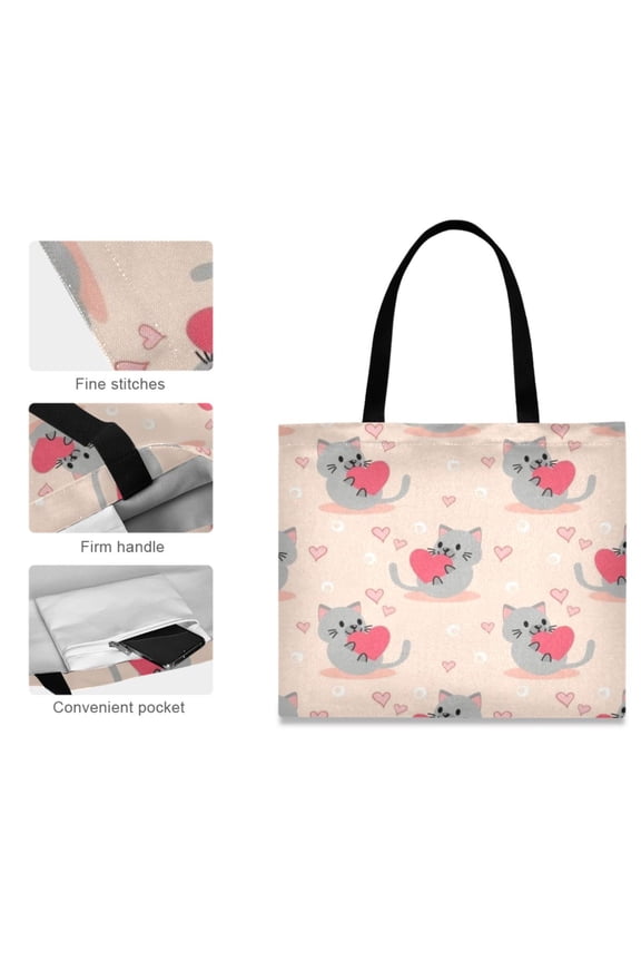 Canvas Tote Bag for Women Girls Design Print Cute Cat Heart Totes
