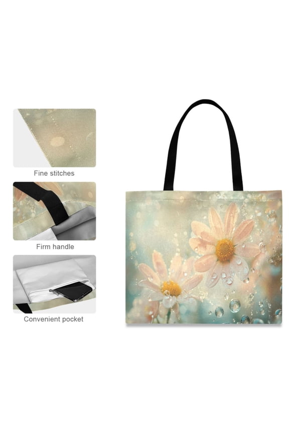 Canvas Tote Bag for Women Girls Design Print Daisy Flowers with Water Droplets Tote