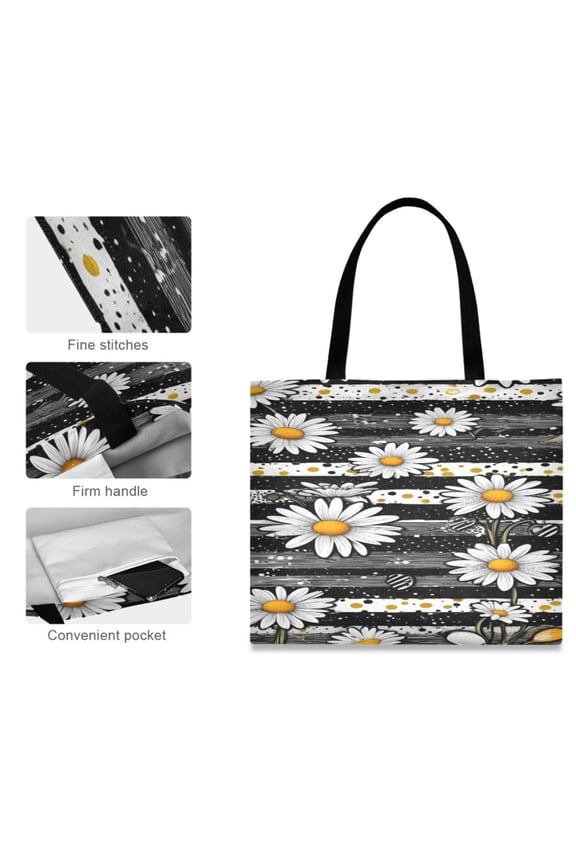 Canvas Tote Bag for Women Girls Design Print Daisy Stripes Totes