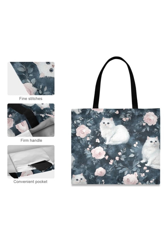 Canvas Tote Bag for Women Girls Design Print Enchanted White Cats and Roses Tote