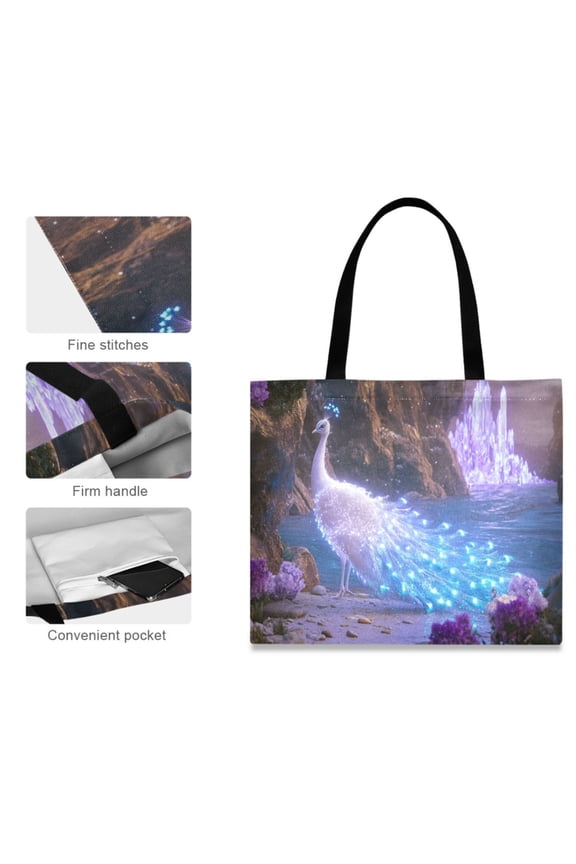 Canvas Tote Bag for Women Girls Design Print Fantasy Peacock Crystals Tote