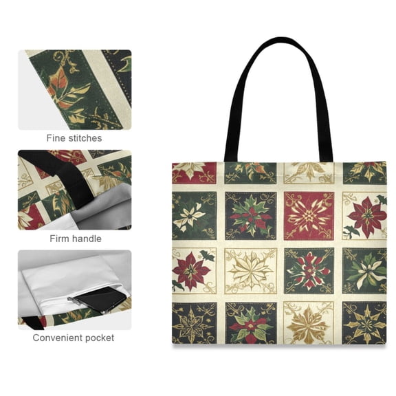 Canvas Tote Bag for Women Girls Design Print Festive Poinsettia Quilt Tote