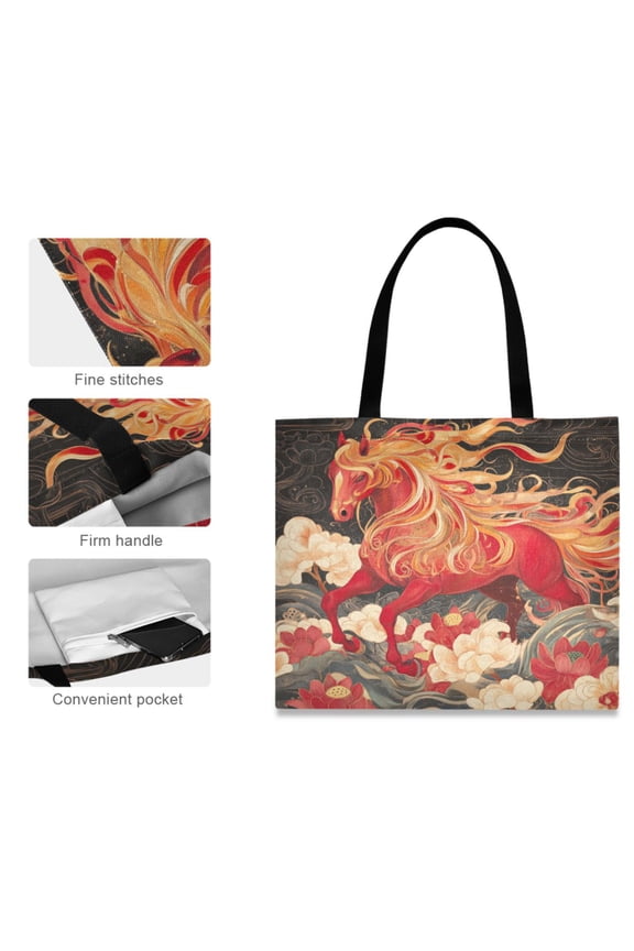Canvas Tote Bag for Women Girls Design Print Fiery Horse Amidst Flowers Tote
