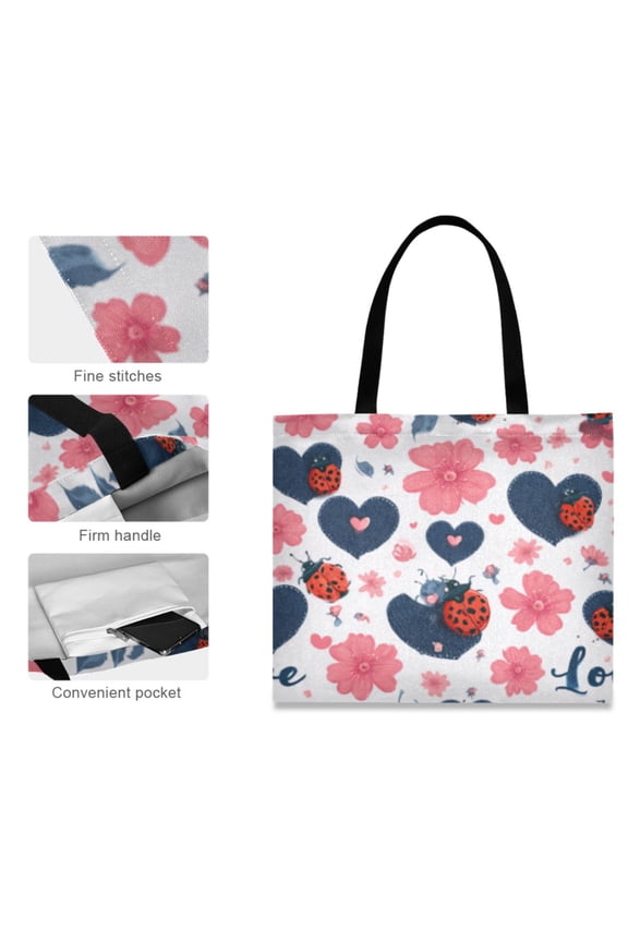 Canvas Tote Bag for Women Girls Design Print Floral Ladybug Heart Totes