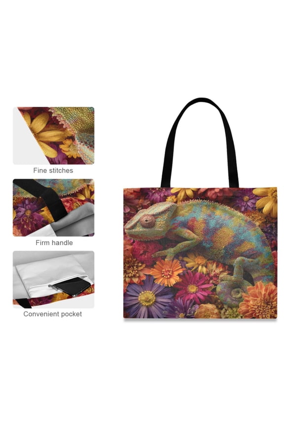Canvas Tote Bag for Women Girls Design Print Floral Rainbow Chameleon Totes