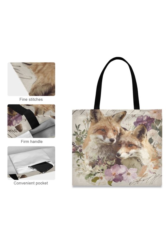 Canvas Tote Bag for Women Girls Design Print Fox Bloom Totes