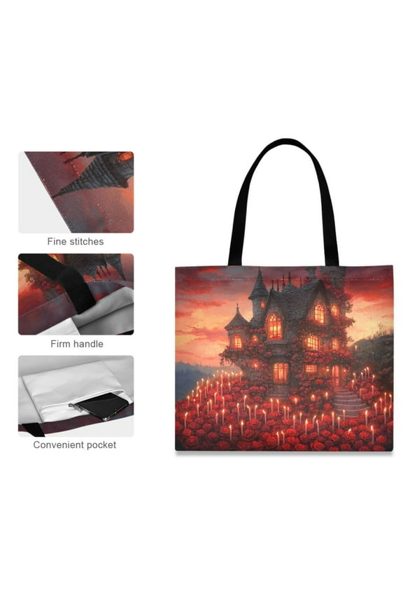 Canvas Tote Bag for Women Girls Design Print Gothic House with Roses Candles Tote