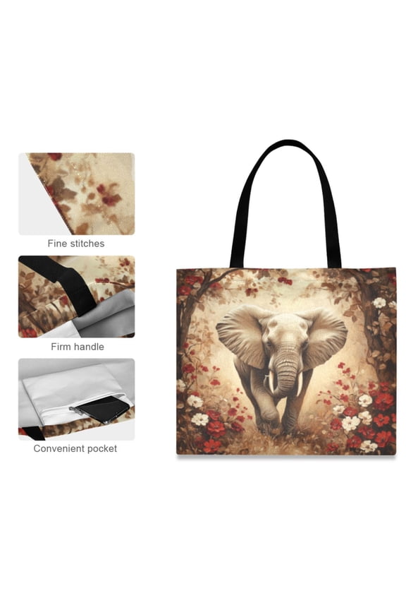 Canvas Tote Bag for Women Girls Design Print Graceful Elephant in Bloom Totes
