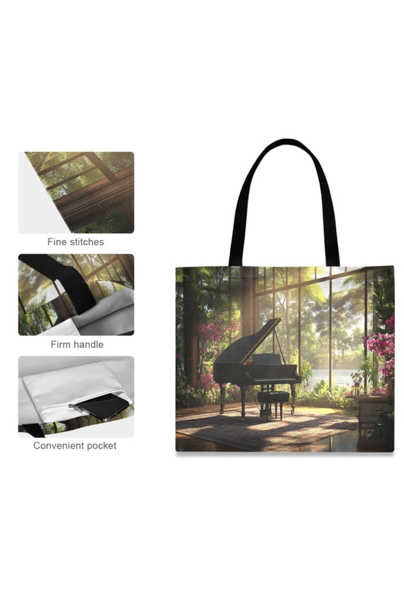 Canvas Tote Bag for Women Girls Design Print Grand Piano in Sunlit Room Tote