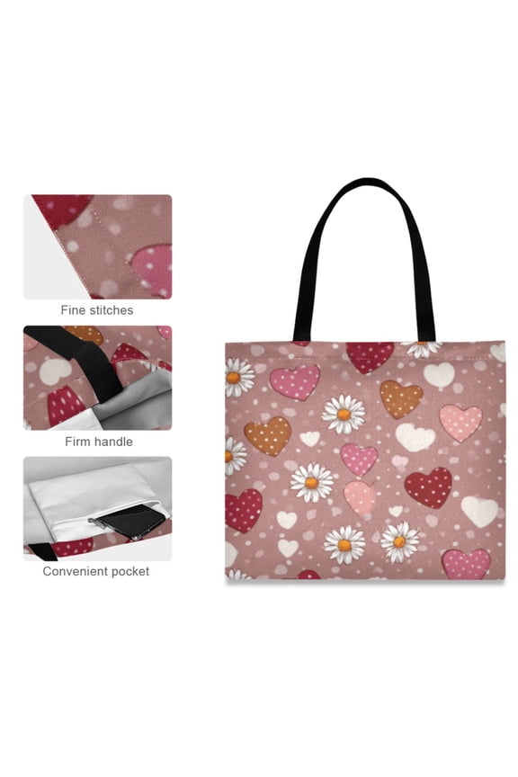 Canvas Tote Bag for Women Girls Design Print Heart and Daisy Dotted Totes