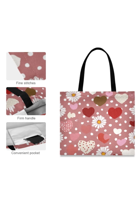 Canvas Tote Bag for Women Girls Design Print Heart and Daisy Pink Totes