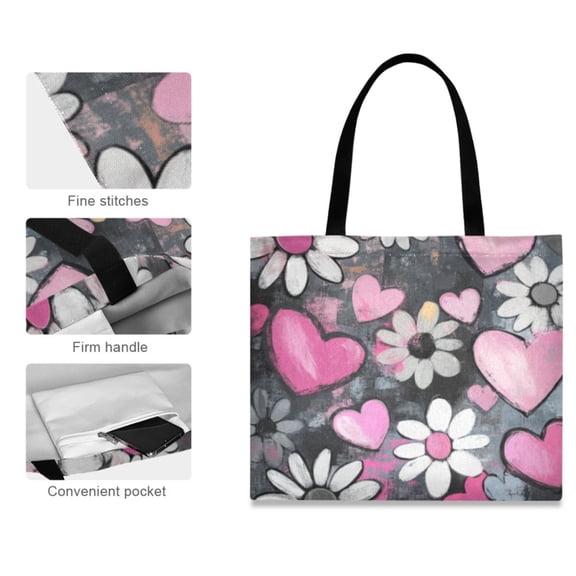 Canvas Tote Bag for Women Girls Design Print Hearts & Daisies Totes