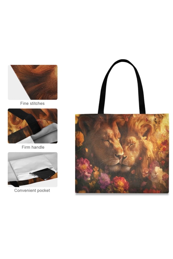Canvas Tote Bag for Women Girls Design Print Lions in Flowers Tote