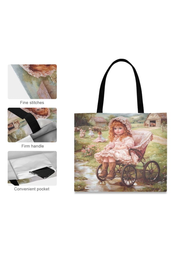 Canvas Tote Bag Design Print Little Girl in Vintage Pram Tote