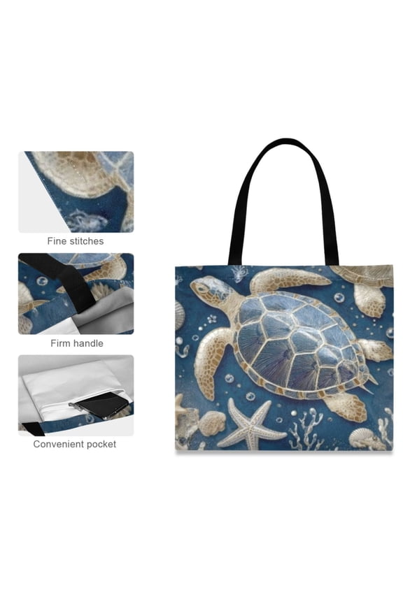 Canvas Tote Bag for Women Girls Design Print Navy Beaded Sea Turtle Totes
