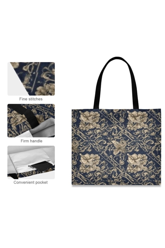 Canvas Tote Bag for Women Girls Design Print Navy Gold Damask Totes