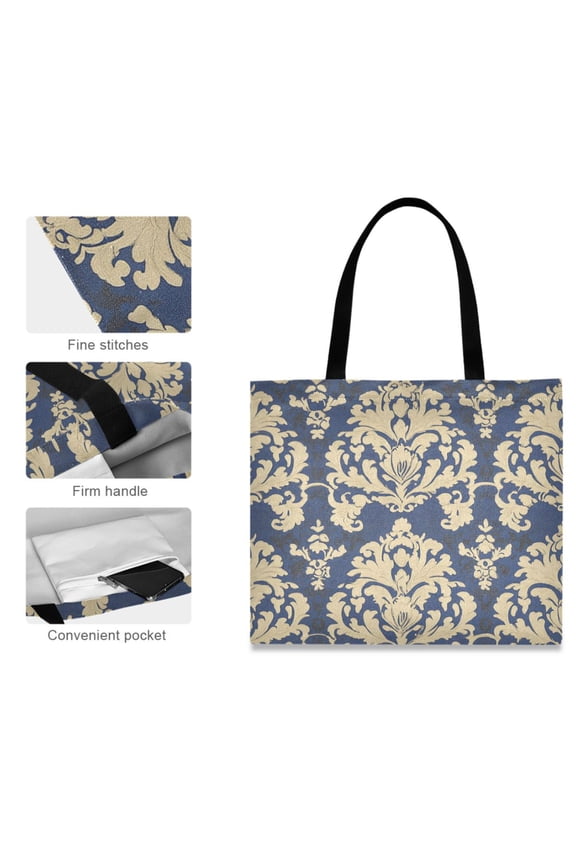 Canvas Tote Bag for Women Girls Design Print Navy and Cream Damask Elegance Tote