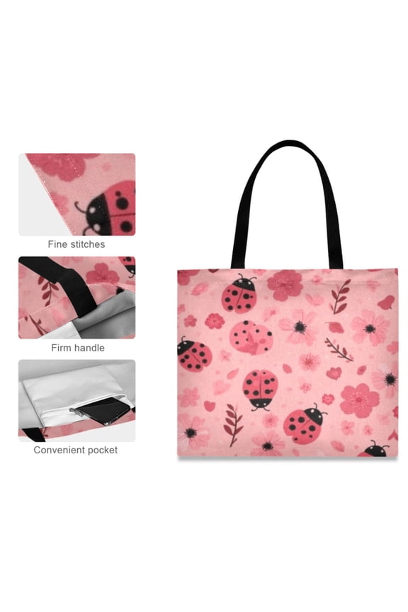 Canvas Tote Bag for Women Girls Design Print Pink Ladybug Floral Totes