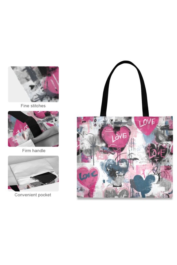 Canvas Tote Bag for Women Girls Design Print Pink Love Graffiti Totes