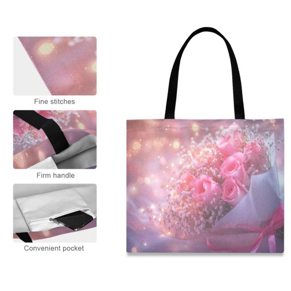 Canvas Tote Bag for Women Girls Design Print Pink Roses Bouquet with Lights Tote