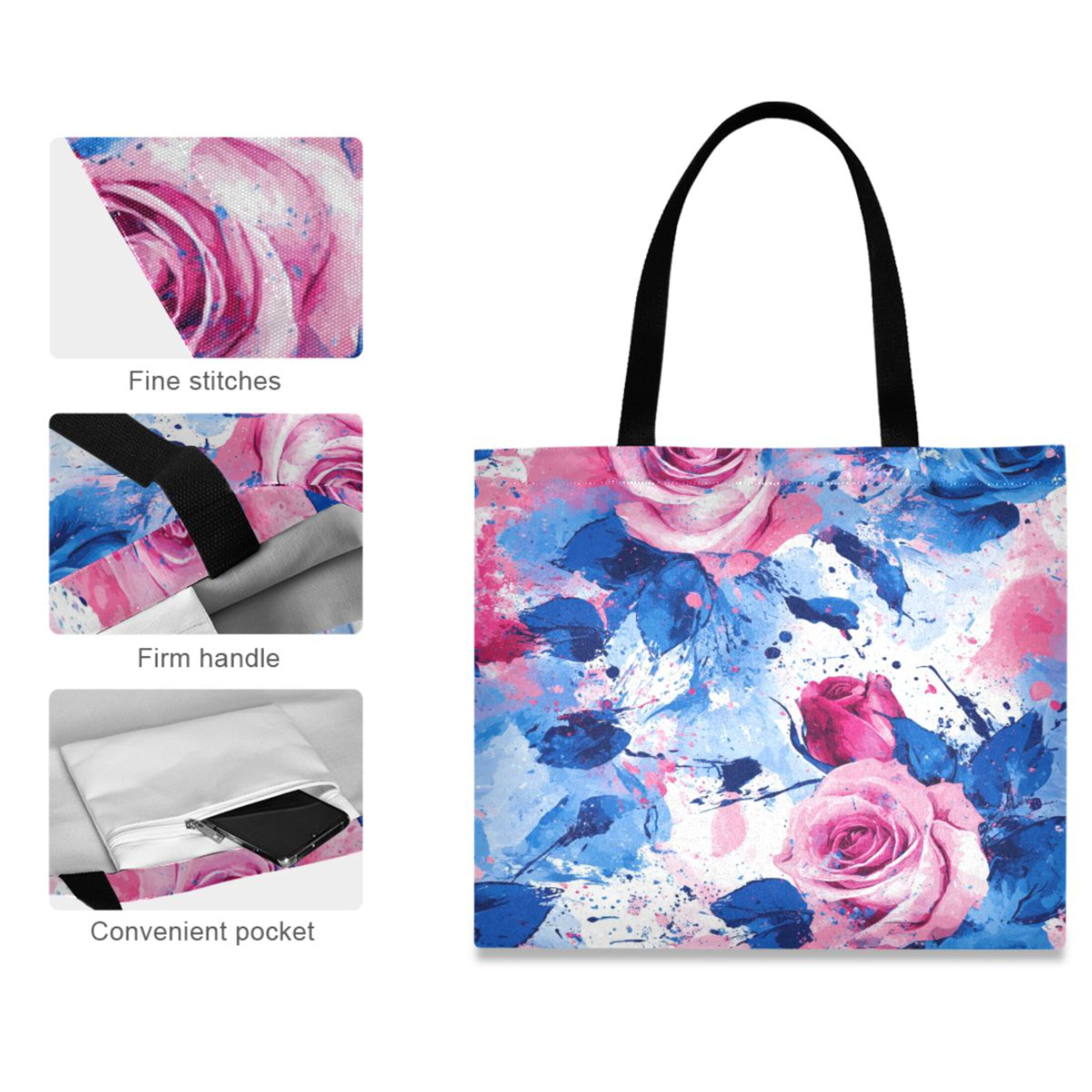 Canvas Tote Bag for Women Girls Design Print Pink and Blue Roses Rrt ...