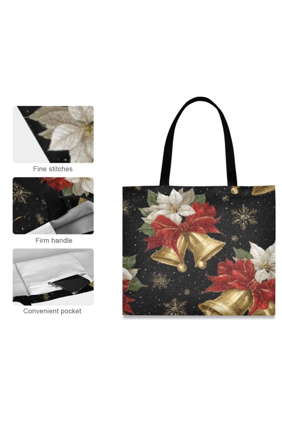 Canvas Tote Bag for Women Girls Design Print Poinsettia Gold Bell Totes