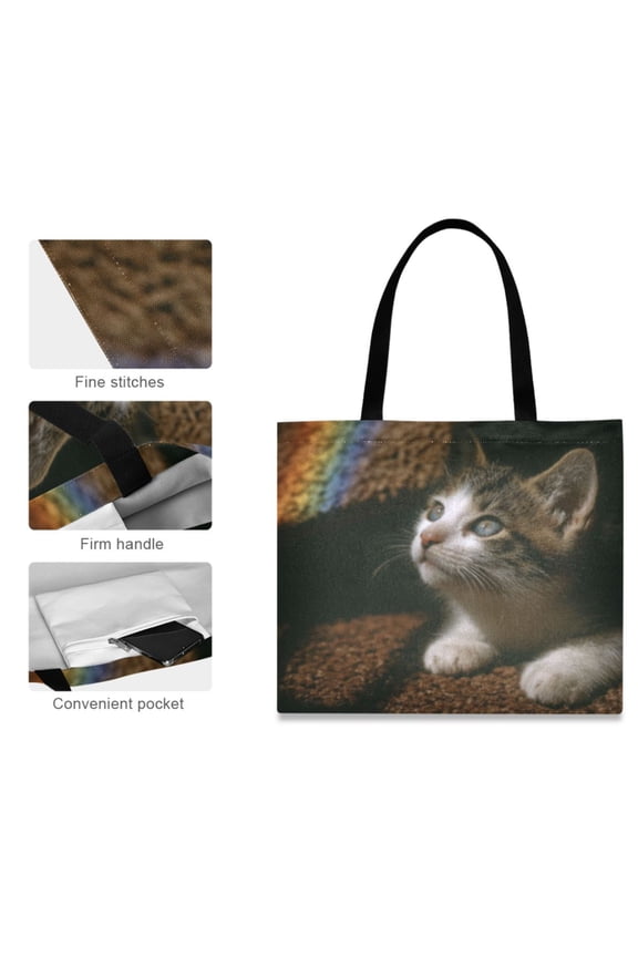 Canvas Tote Bag for Women Girls Design Print Rainbow - Gazing Kitten Totes