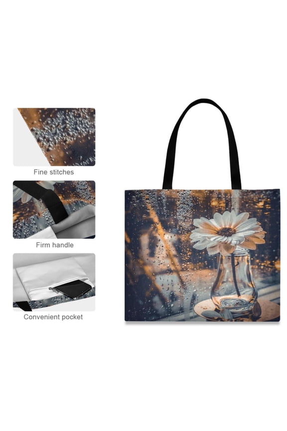 Canvas Tote Bag for Women Girls Design Print Rainy Window with Daisy Totes