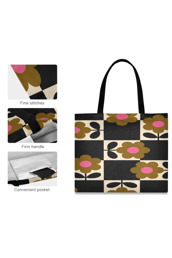 Canvas Tote Bag for Women Girls Design Print Retro Floral Checkerboard Totes