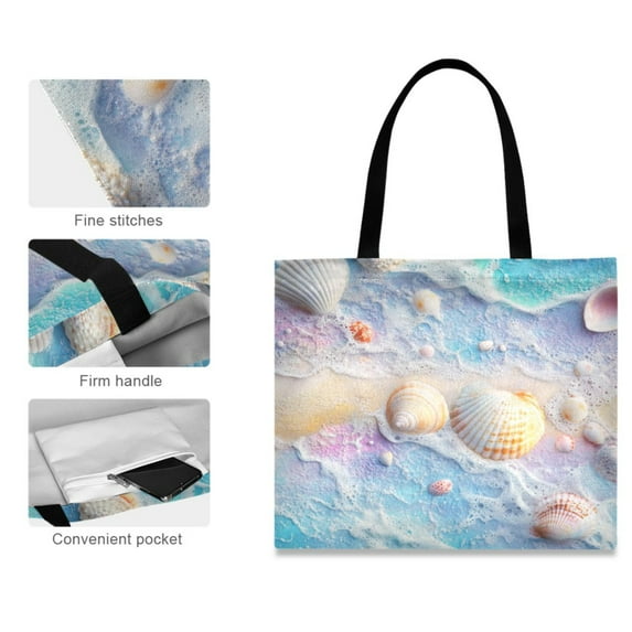 Canvas Tote Bag for Women Girls Design Print Seashells on Sandy Beach Tote