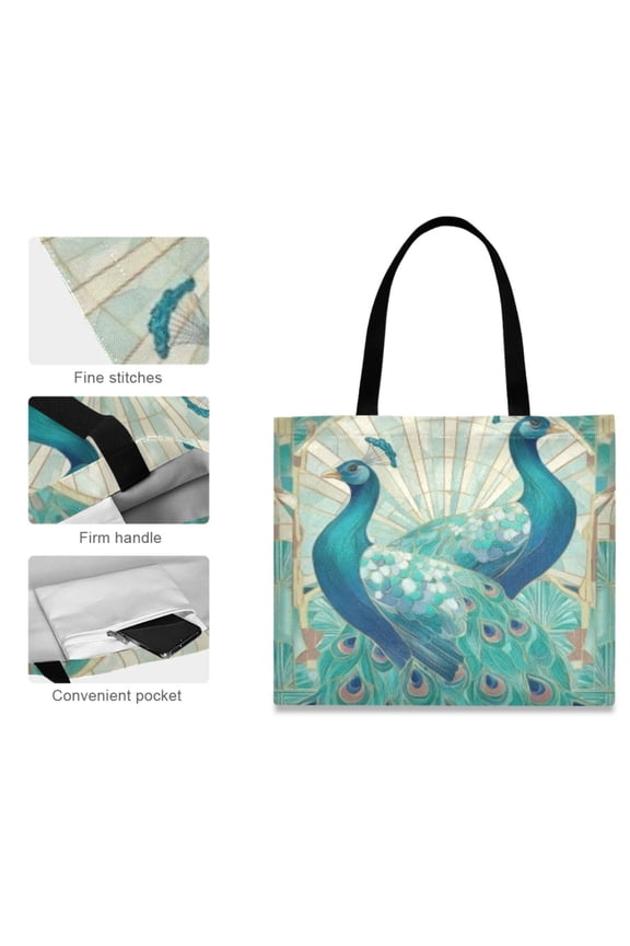 Canvas Tote Bag for Women Girls Design Print Teal Peacock Fanfare Totes
