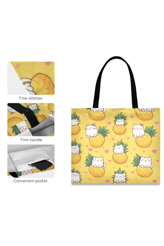 Canvas Tote Bag for Women Girls Design Print White Cat Pineapple Totes