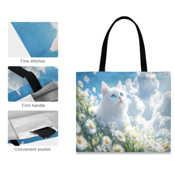 Canvas Tote Bag for Women Girls Design Print White Cat in Daisy Field Tote