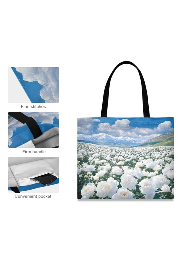 Canvas Tote Bag for Women Girls Design Print White Roses Snowy Mountains Sky Tote