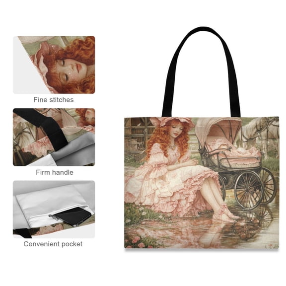 Canvas Tote Bag for Women Girls Design Print Woman in Pink with Baby Tote