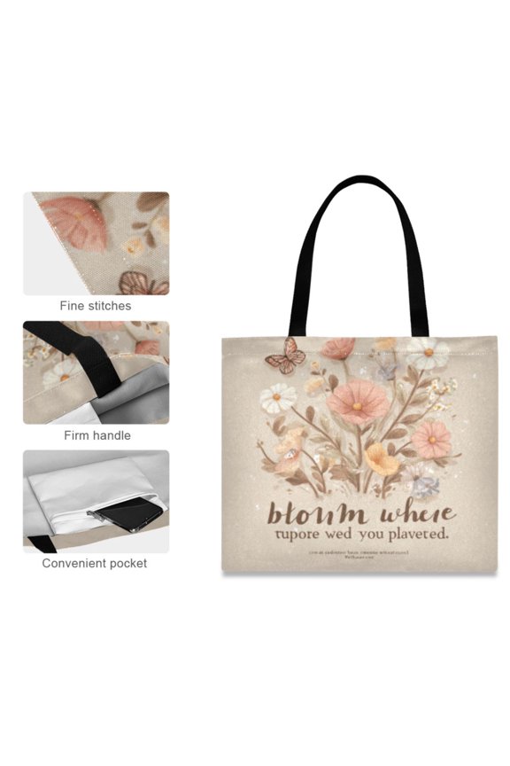 Canvas Tote Bag for Women Girls Design Print bloom Motto Totes