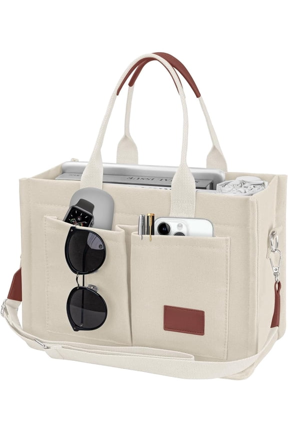 Canvas Tote Bag for Women Multi Pockets Crossbody Satchel Handbag Everything Everyday Bag for Work Daily Travel