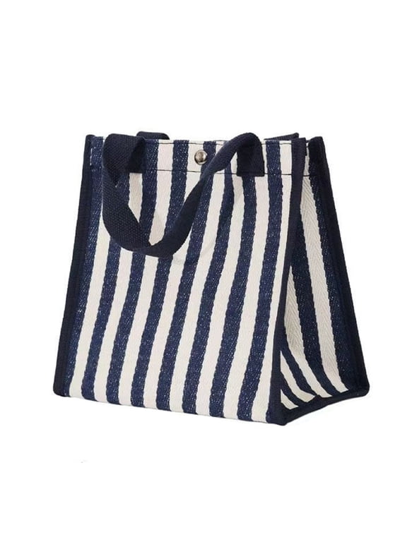 Canvas Tote Bag for Women, Striped Shoulder Handbag With Multi-Pockets & Zipper, Daily Purse for Work, Tavel, Gym