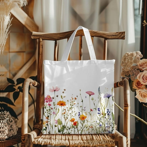 Canvas Tote Bag for Women Wildflower Floral Print Reusable Grocery Bag, Aesthetic Cotton Shopper Tote for Books, School, Market, and Everyday Use