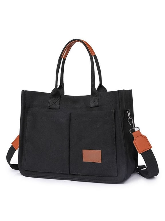Canvas Tote Bag for Women with Pockets, Women's Bags Crossbody Bags Work Laptop Tote Bag Large Handbags Purse for Travel Nurse Teacher, Black